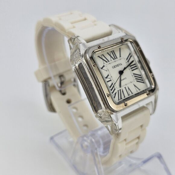 35MM Women's‎ Square Watch White Dial White Plastic Bands New Battery - Picture 3 of 11